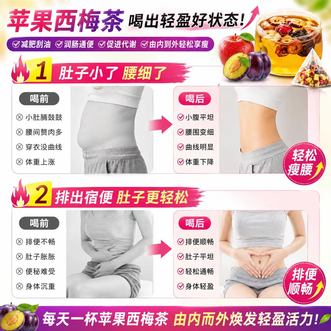 花小泡苹果西梅荷叶减肥茶减肥塑身瘦肚子燃脂瘦身全便秘清肠排毒通便茶 苹果西梅茶10g*20包【真材实料 不好可退】