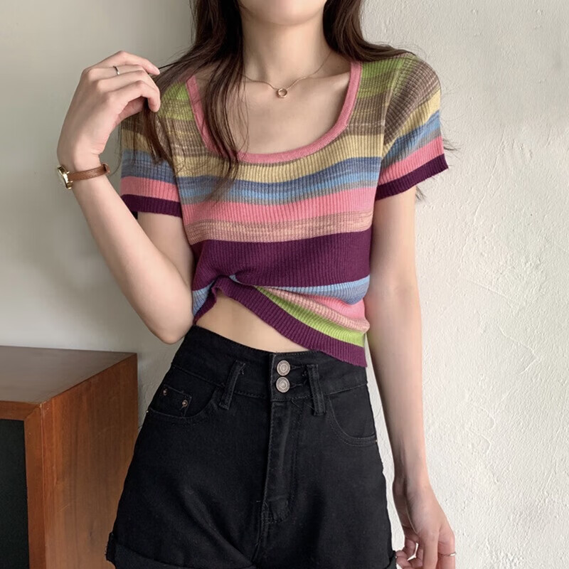 彩虹条纹方领短袖t恤女正肩夏季2025年新款薄款冰丝针织短款上衣 蓝色 均码 80-120斤选