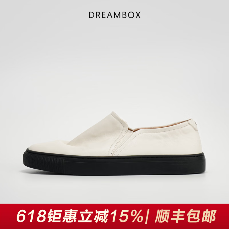 DREAMBOX钧博时尚百搭石洗马皮乐福鞋2026夏季新款透气懒人一脚蹬休闲板鞋 月影白 41 男码