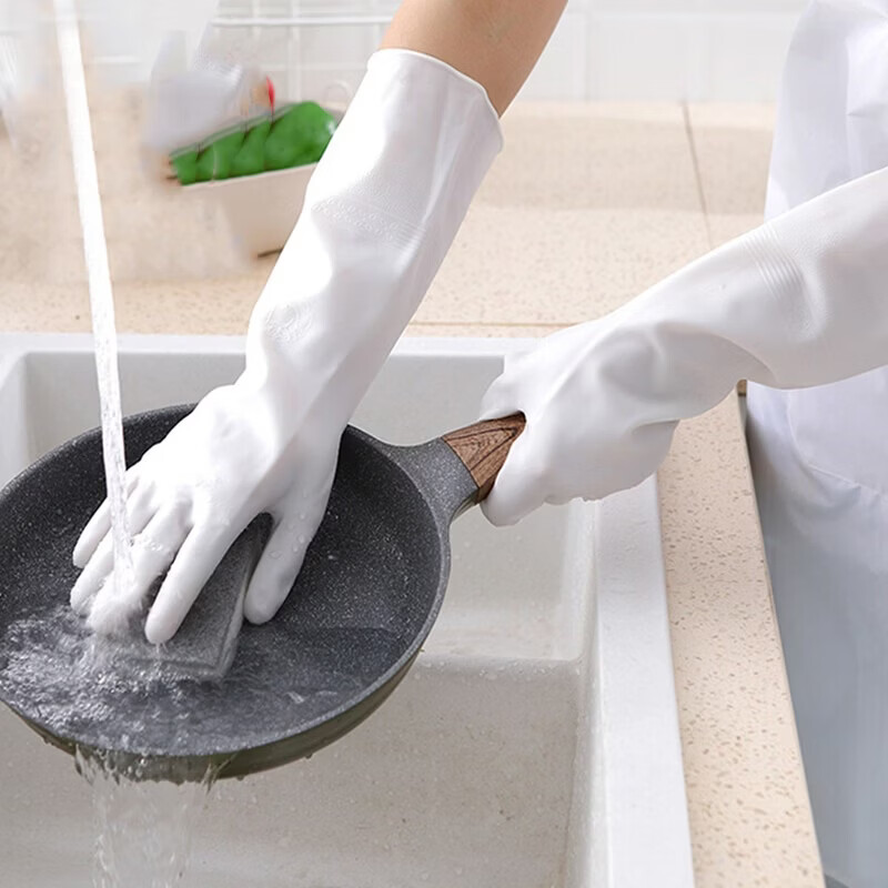 云之子洗碗手套四季通用女厨房橡胶皮耐用型防水洗衣服家务清洁长款加厚 白色1双装【活动款】