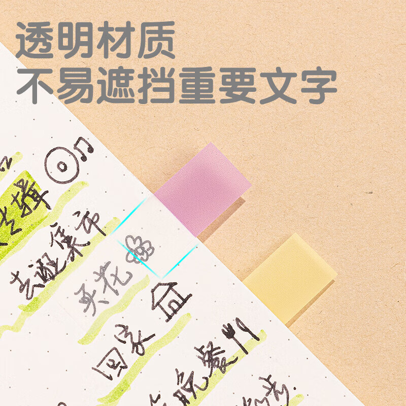 得力(deli)荧光索引贴标记荧光膜指示标签贴分类便利贴小条便签贴纸记事贴塑料防水书签贴办公用文件标签贴 9色半透明款【2包 共360张】索引荧光便利贴