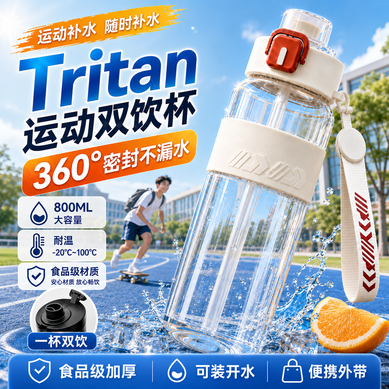 TYZAYR日本运动水杯2026新款夏季学生儿童便携水壶塑料杯大容量户外茶杯 【旗舰款-月光白】双引/耐高温 800ml