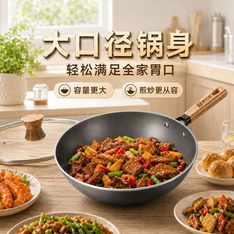 康巴赫铁锅无涂层不粘炒锅家用精铁炒菜锅深氮防锈健康电磁炉燃气灶通用 深氮防锈精铁锅 34cm