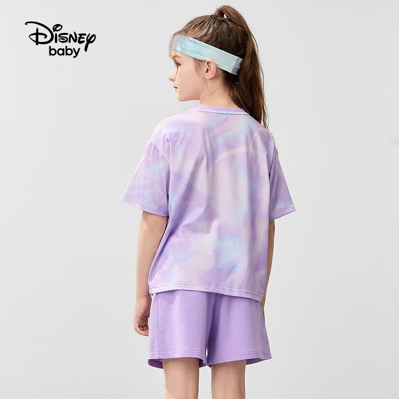 迪士尼（Disney）童装男女童套装个性印花短袖T恤透气运动短裤两件套夏篮球服套装 星光紫 140 高135-145cm重60-70斤