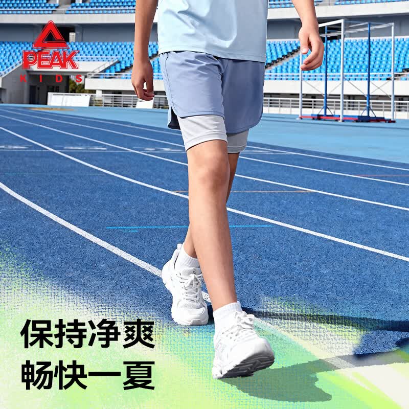 匹克童装儿童裤子夏季速干假两件短裤男女童运动裤中大童凉感五分裤 深灰/PK简约左下反光银K+PK努力内右中反光K 130
