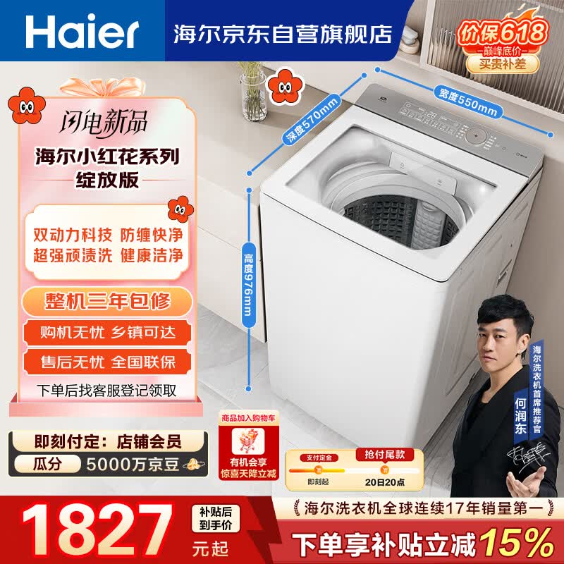 海尔（Haier）小红花 全自动波轮洗衣机 10KG双动力 紫外杀菌 家电国家补贴以旧换新京东自营 XQS100-BE73M
