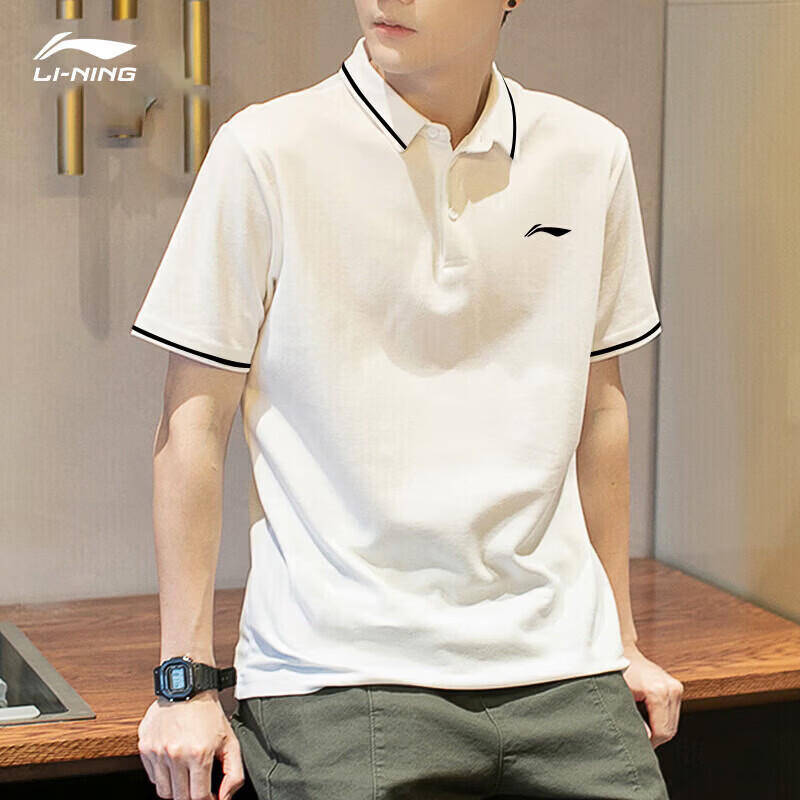 李宁（LI-NING）POLO衫男短袖翻领夏季新款刺绣棉质潮牌户外宽松半袖运动休闲t恤 标准白 S