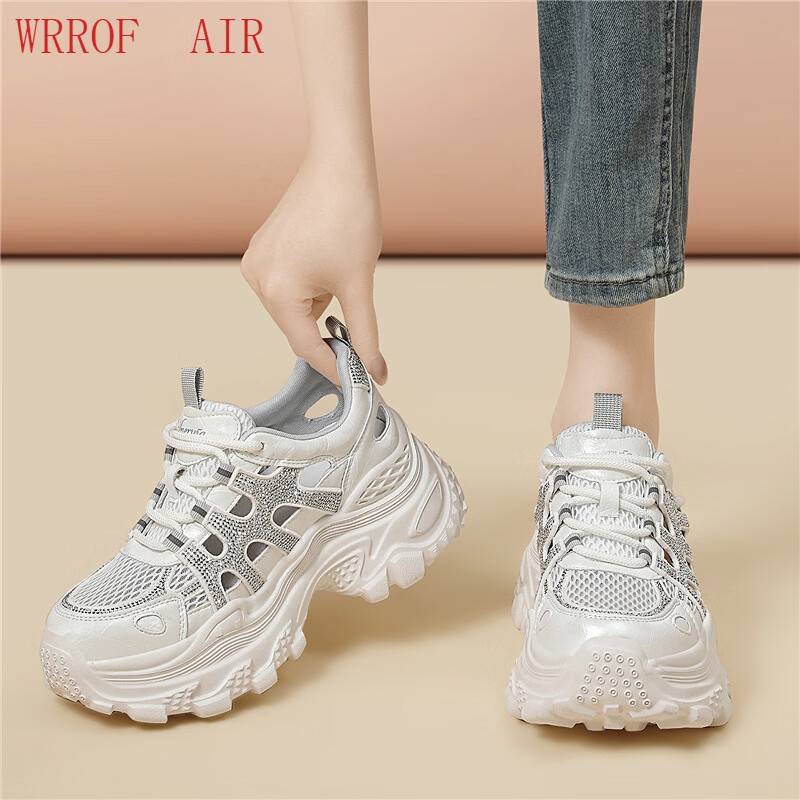 WRROF AIR透气运动鞋拼色日常休闲通勤简约女鞋水钻百搭网面厚底老爹鞋 6166白色 40