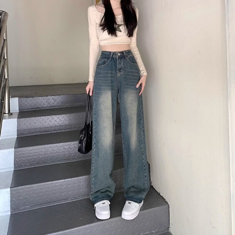 YOUNVFR美式复古水洗直筒牛仔裤女春夏新款高腰百搭垂感遮肉显瘦阔腿长裤 复古蓝 3XL 【建议138-155斤】