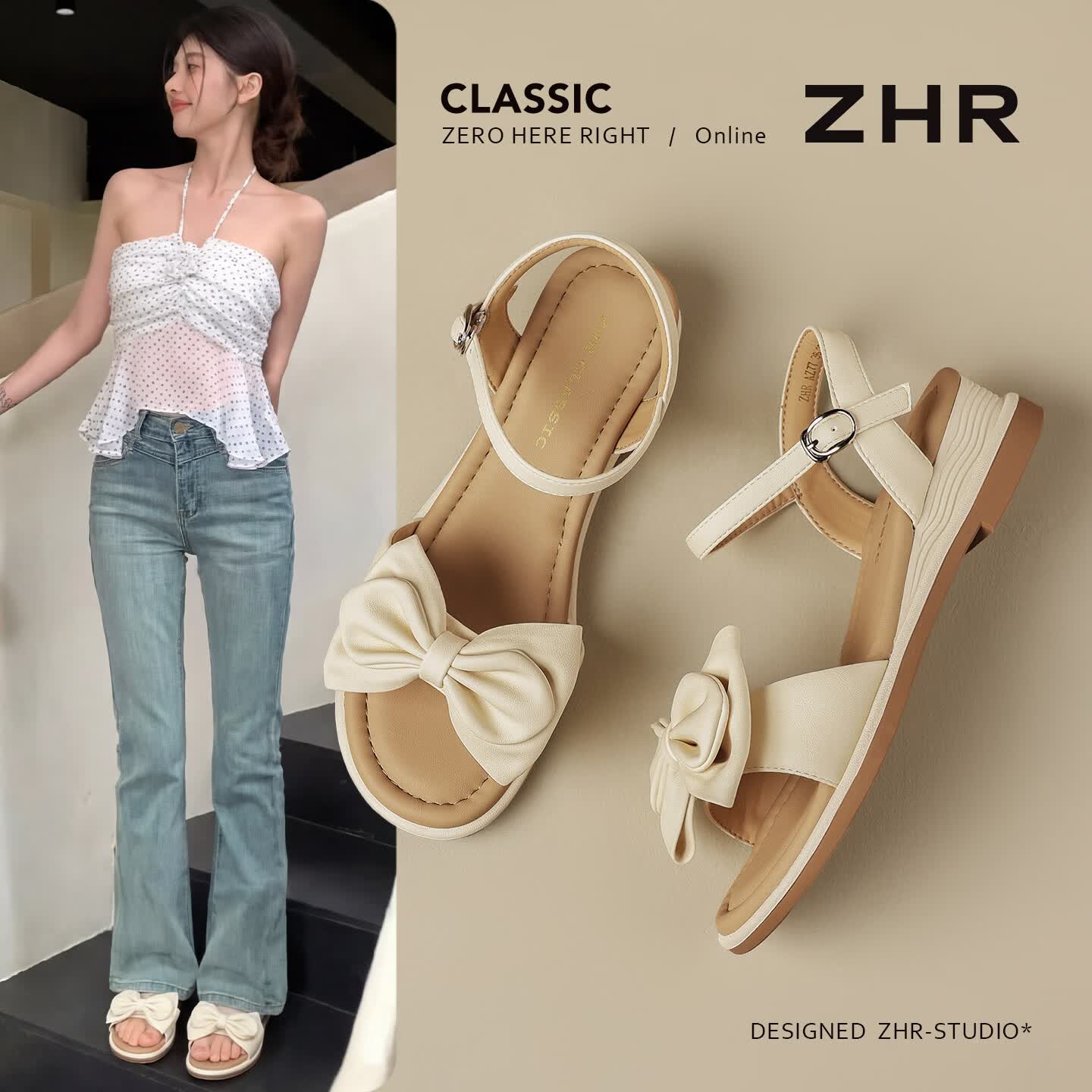 ZHR则则一字带凉鞋女士2026夏季新款蝴蝶结坡跟增高罗马凉鞋 AZ77米色40