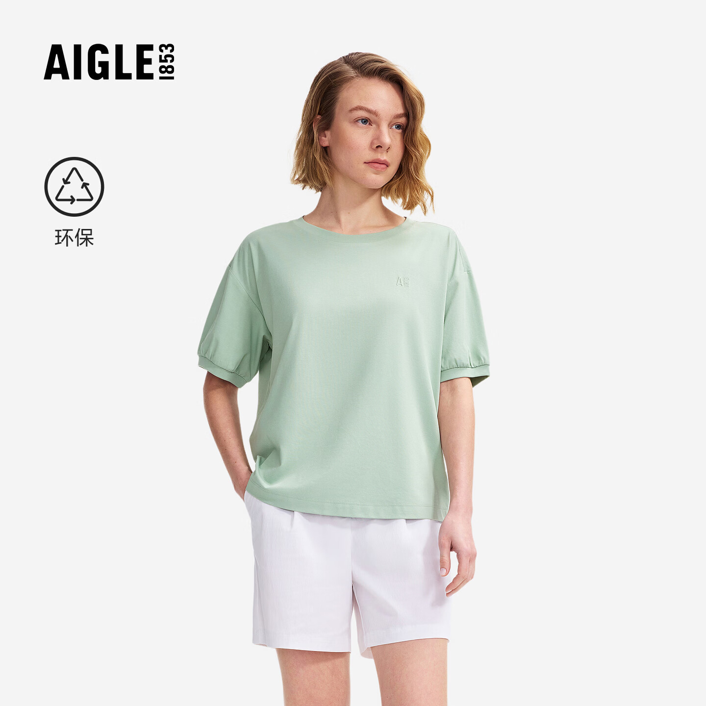 AIGLE艾高女士短袖T恤圆领户外休闲上衣时尚百搭经典春款BZ65 灰薄荷色 BZ654 M (165/88A)