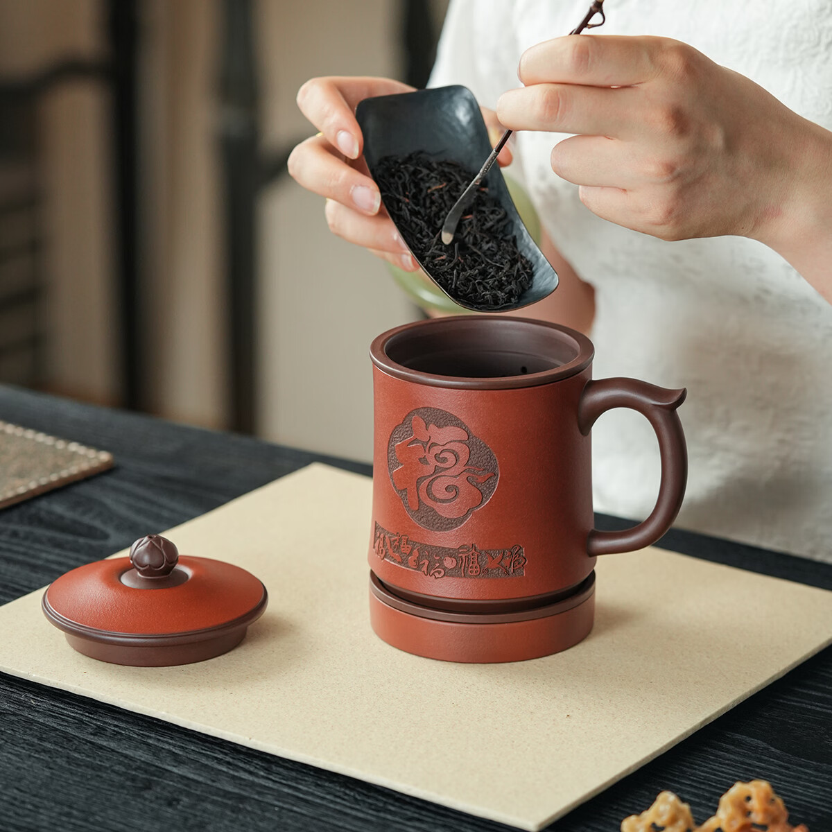 紫来顺送父亲礼物紫泥紫砂杯手工刻绘百福杯送男士长辈茶水分离泡茶杯 【五福临门】五福杯