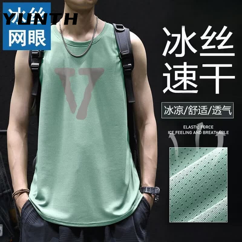 YUNTH潮流美式男士冰丝背心网眼速干无袖运动背心篮球运动透气清凉夏天 冰丝背心黑色-字母大V L 90-110斤