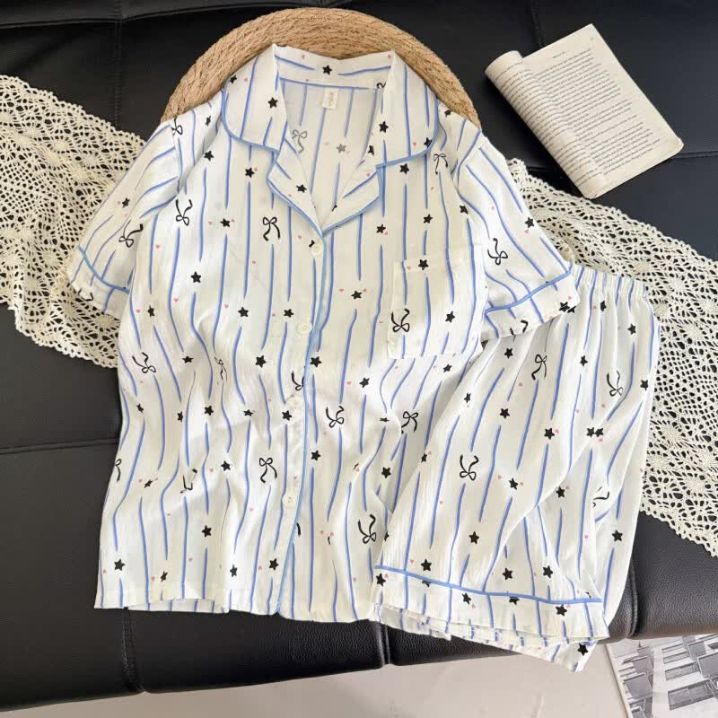有只绵韩系波点夏季新款睡衣短袖家居服套装短裤可外穿宽松翻领女装 K1001 M 适合70-85斤