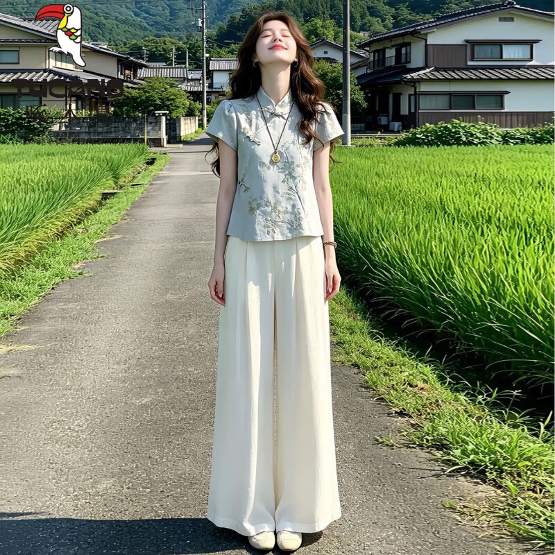 啄木鸟（TUCANO）新中式国风套装女2026夏季新款时尚洋气盘扣衬衫阔腿裤显瘦两件套 蓝色上衣+杏色裤子【套装】 XL 建议115-130斤