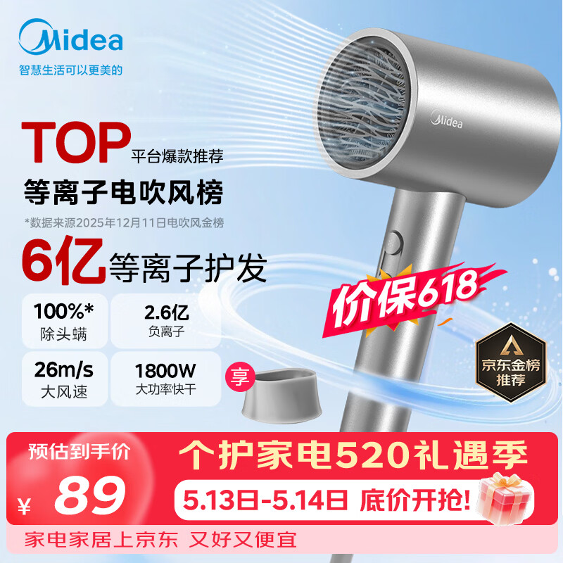 美的（Midea）6亿等离子护发电吹风 家用负离子护发吹风筒 1800W大功率快干吹风机 FJ308银 价保618 国家补贴