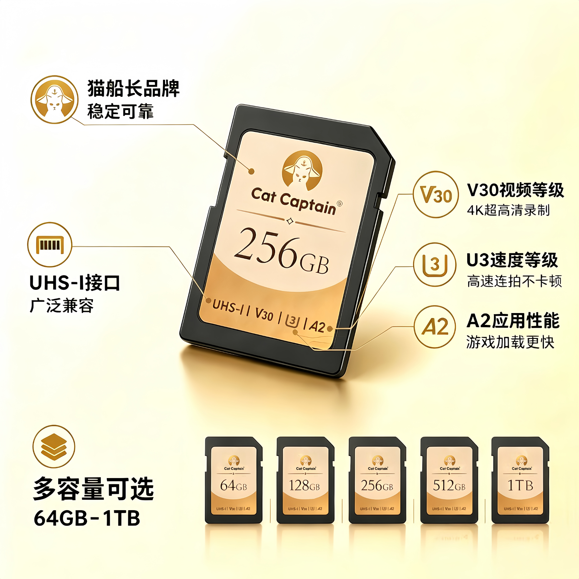 CAT CAPTAIN（猫船长）单反相机专用SD卡A2V30高速SD卡支持专业摄影必备4K超清好品质纯享高效稳定耐久用170/s 1TB 大容量SD专业摄影（赠送128GB内存卡）