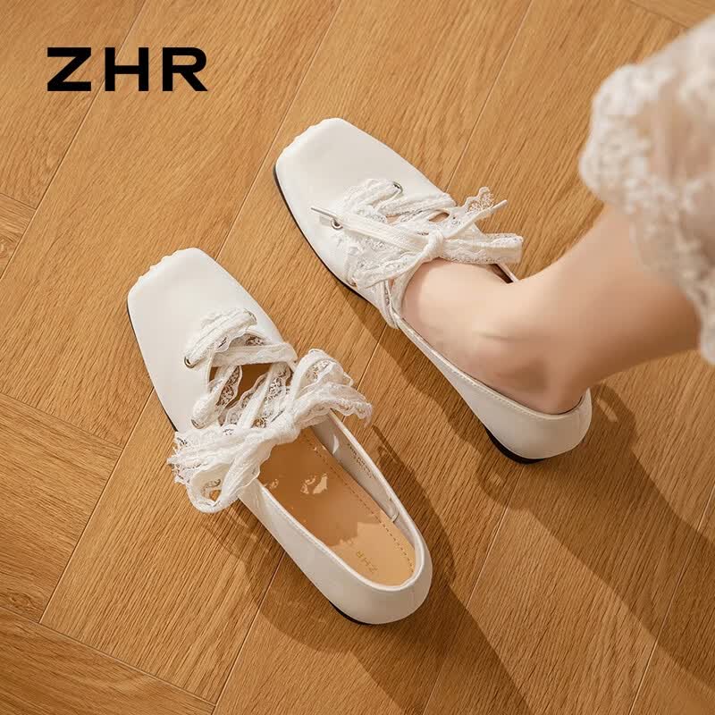 ZHR则则单鞋女夏季气质方头芭蕾风玛丽珍鞋蕾丝绑带浅口女鞋 米色 37
