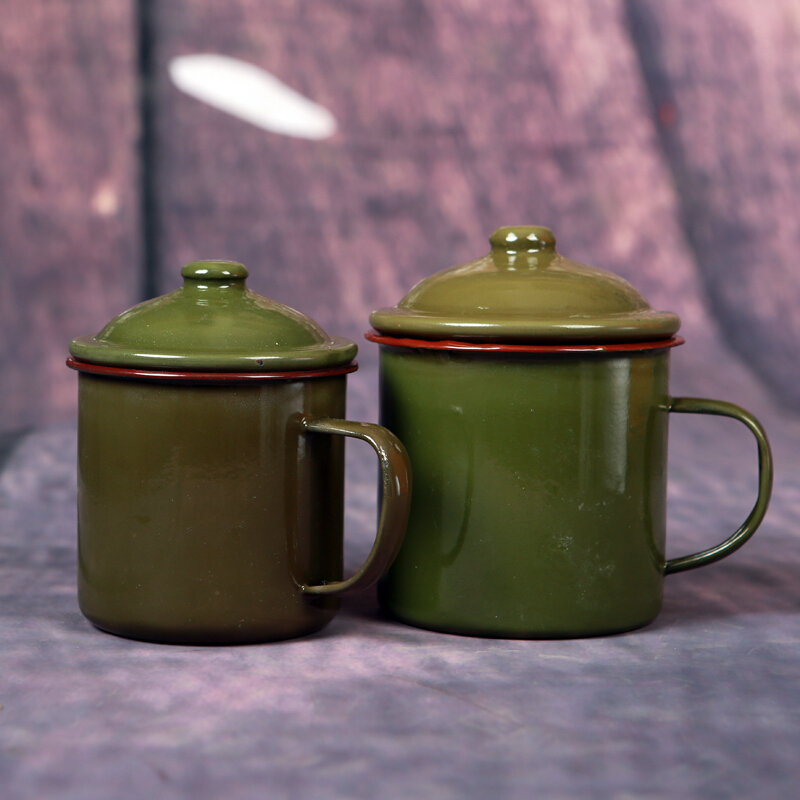 铁水杯怀旧搪瓷杯子复古军绿色搪瓷茶缸子老干部茶杯经典带盖铁杯子
