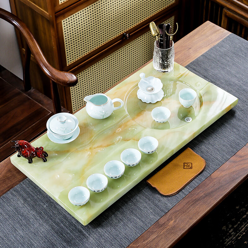 玖纹豹玉石茶盘茶具高档办公室茶托2023新款风高端现代大理石茶台排水