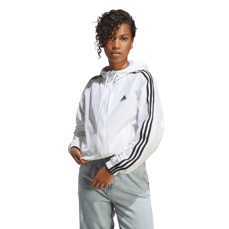 adidas三条纹休闲宽松连帽夹克薄外套女装春夏阿迪达斯官方轻运动 白/黑色   L  