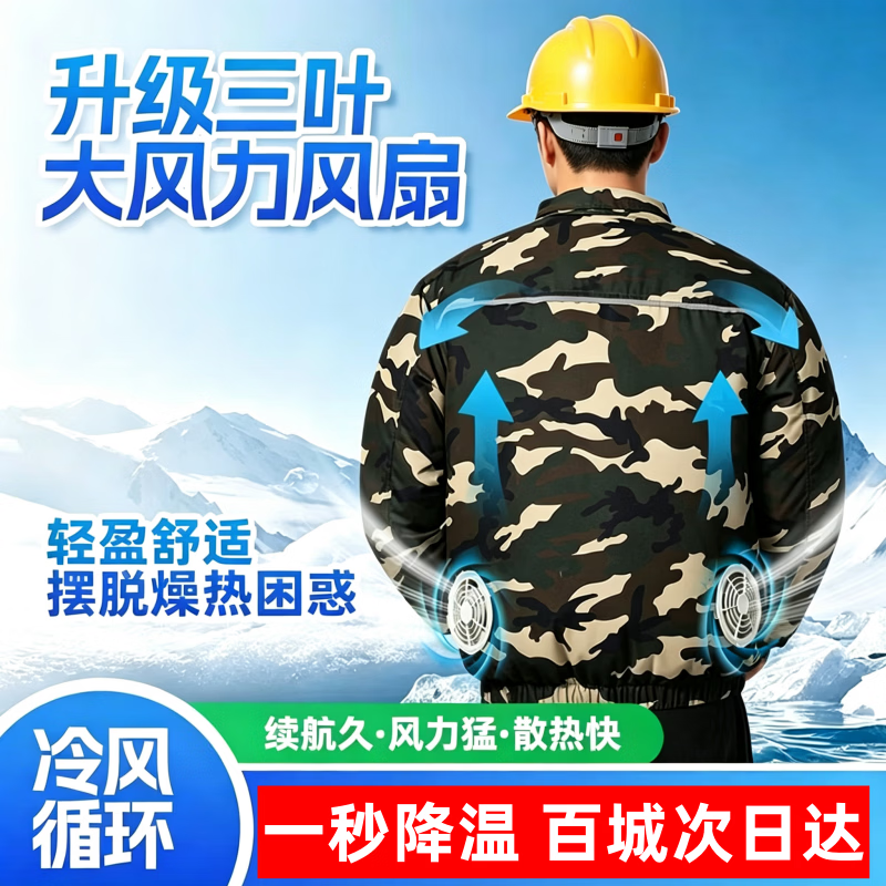 夏季降温空调服男款工作服风扇衣服工地充电制冷电焊劳保户外迷彩 迷彩+军绿+1200级狂风 超凉快 36V大风力配件1套 5XL 适合体重 175-200斤