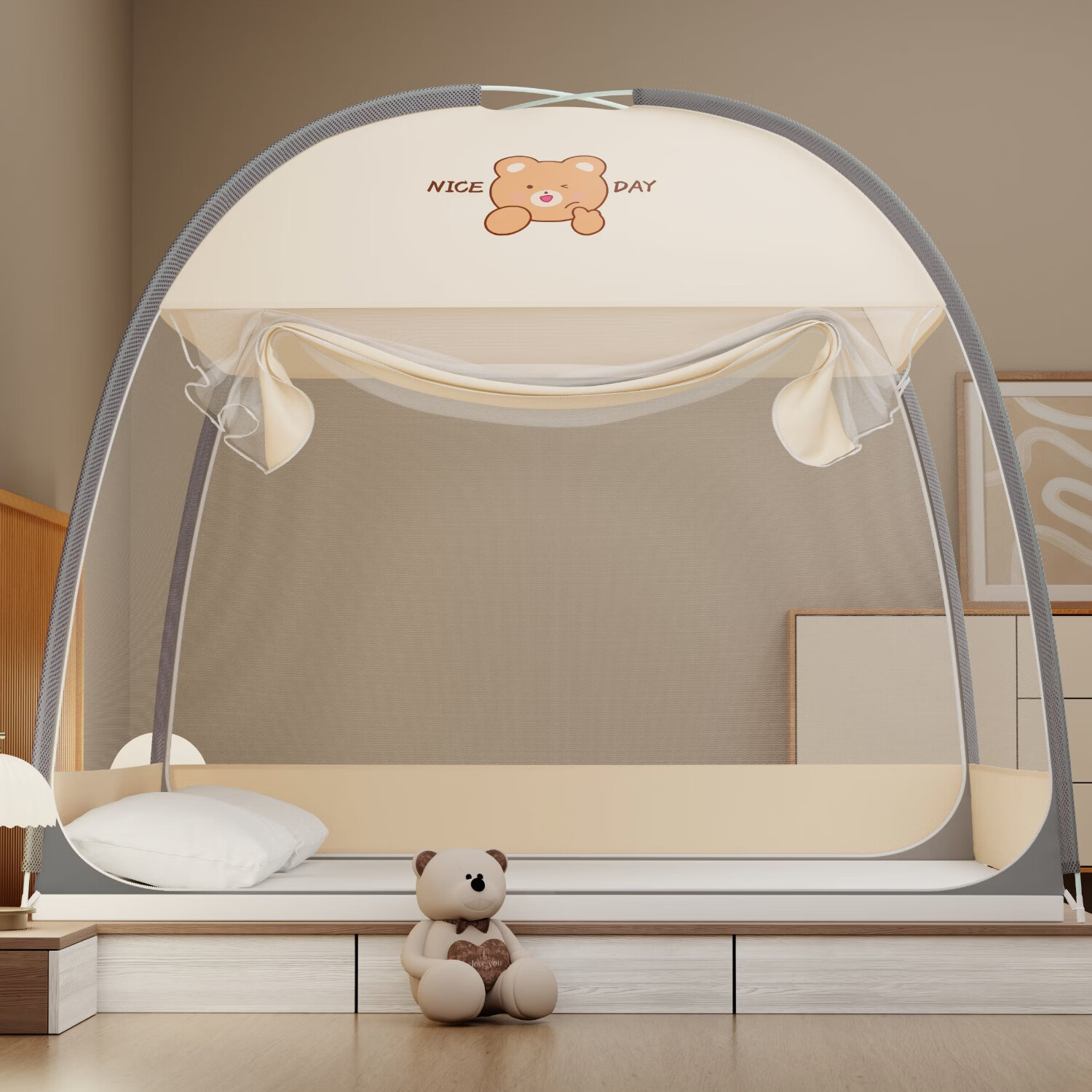 伊路卡免安装蒙古包蚊帐儿童床1.5m/1.8米x2m米家用床蚊帐帐子 nice 熊(普通防尘款) 1.2米床