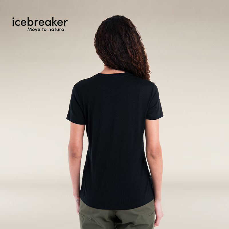 icebreaker100%美利奴羊毛女150 Tech Lite吸湿排汗印花短袖T恤 纯黑-0A575X001 L