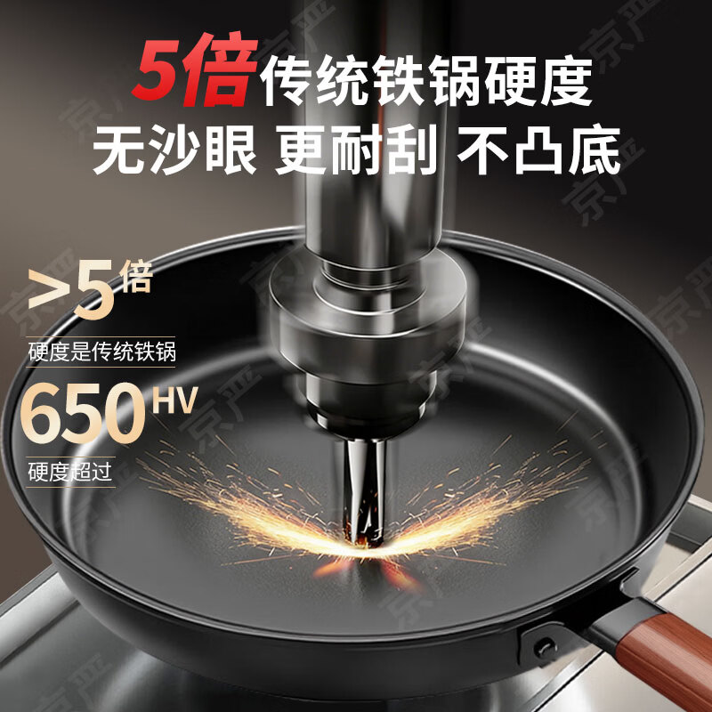 京严平底锅含钛煎锅家用铁锅0涂层不粘锅聚油煎牛排炒菜锅燃气电磁炉 【真有钛|0氟0涂层】煎炒一体+玻璃盖 适用 4-6人 28cm 物理不粘|导热均匀|聚油不凸