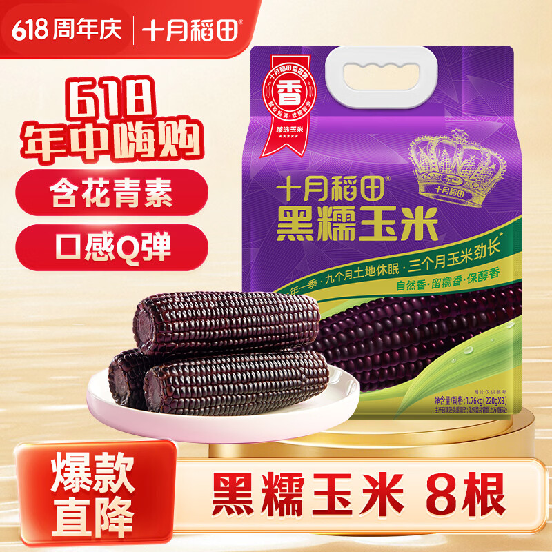 十月稻田 黑糯玉米 3.52斤(220g*8根) 东北玉米 杂粮粗粮 低脂早餐
