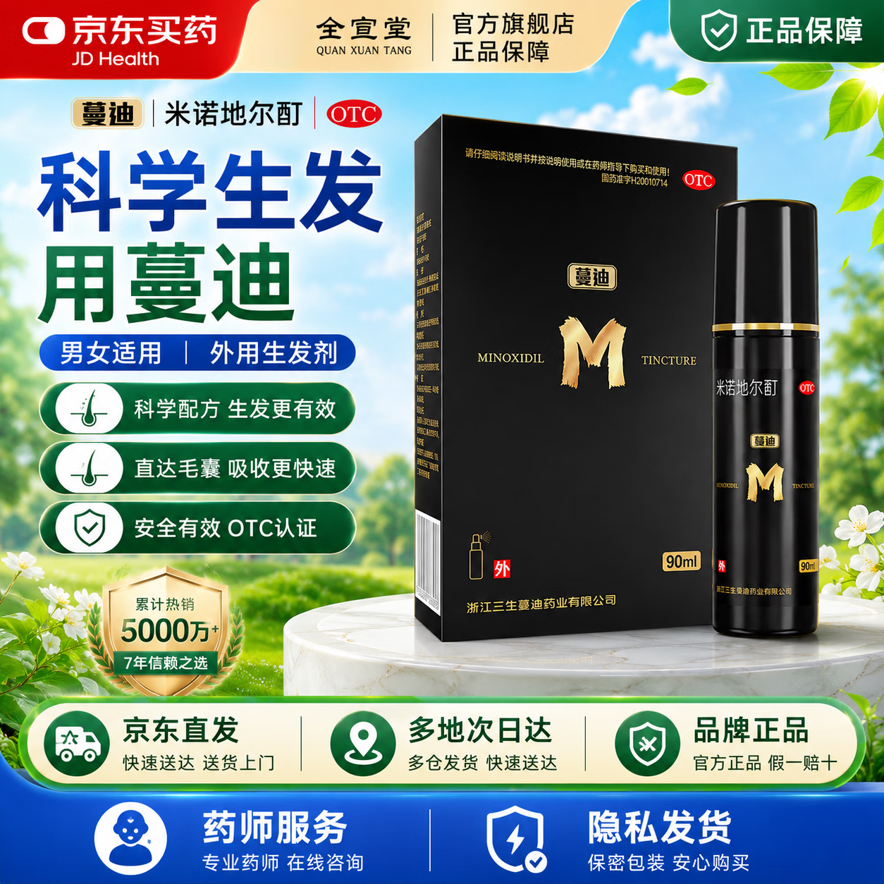 [蔓迪]米诺地尔酊 5%*90ml 3瓶装 严重脱发男士女士专用 防脱生发斑秃发际线增长液脱发白发搽剂黑瓶90ml国药准字 大药房正品保障