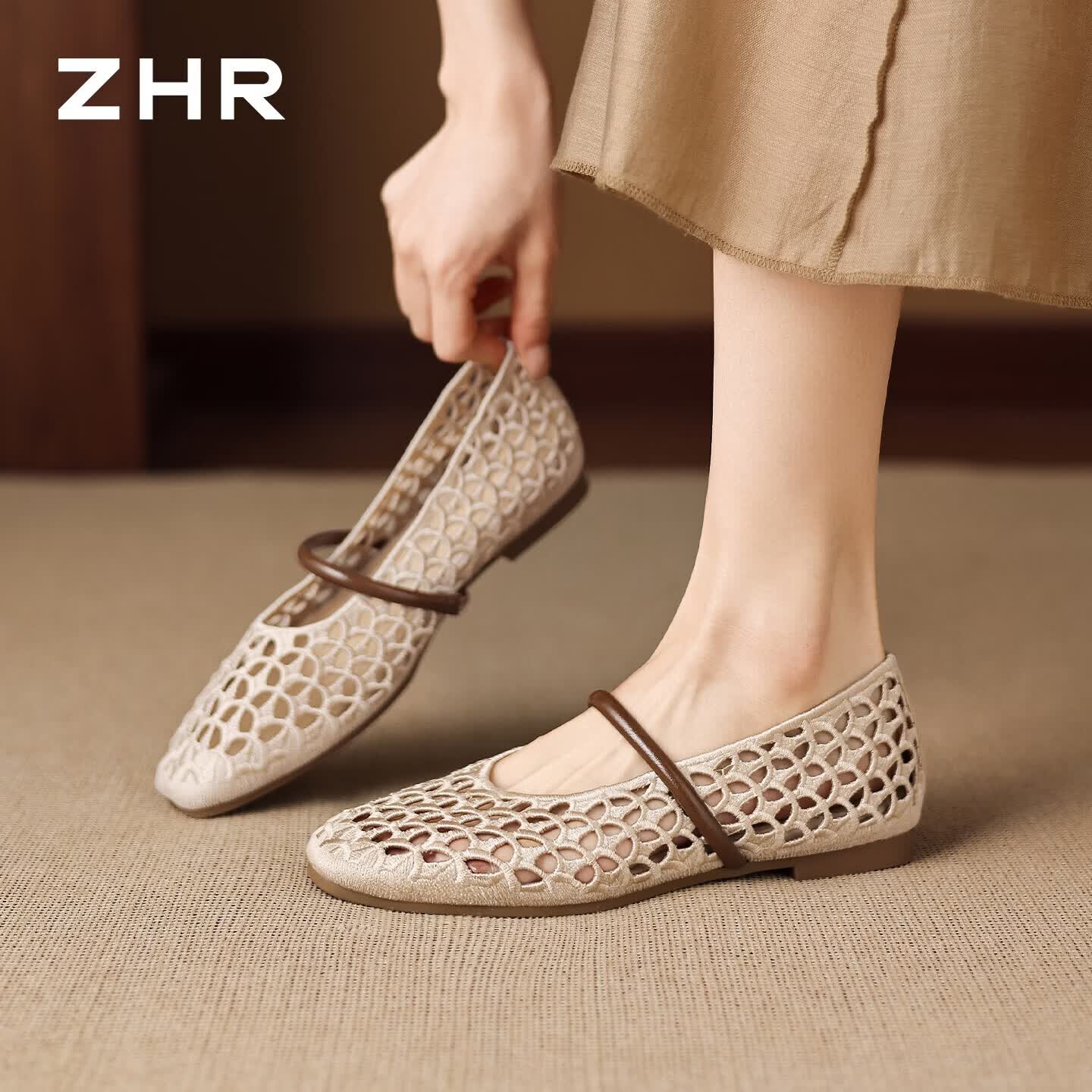 ZHR则则玛丽珍鞋女夏季一字带方头镂空编织单鞋透气平底凉鞋 AF321杏色37