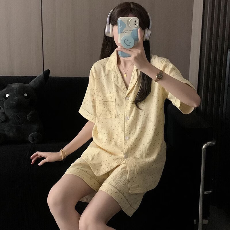 有只绵韩系波点夏季新款睡衣短袖家居服套装短裤可外穿宽松翻领女装 K1047 M 适合70-85斤
