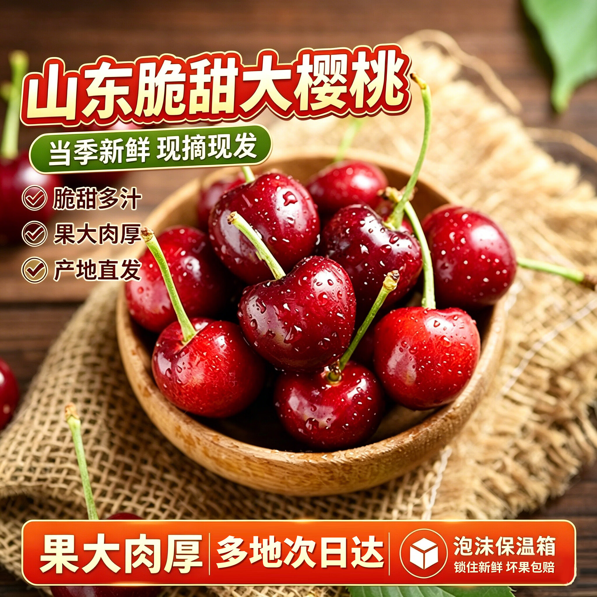 东东田山东大樱桃【早熟品种 只卖5天】国产车厘子当季现摘新鲜孕妇水果 4斤(净重) 精品果20-26mm