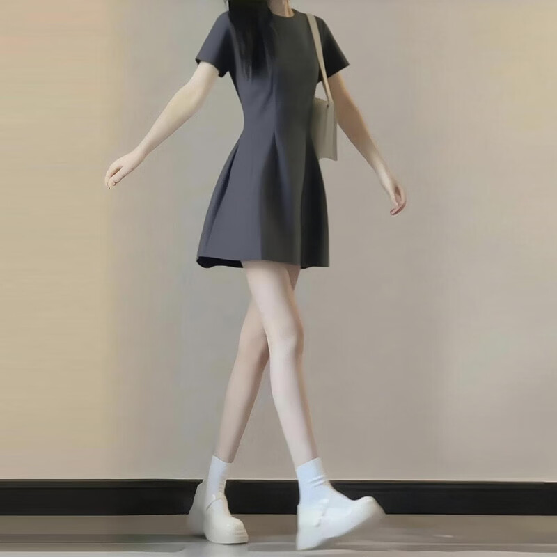 GARNUO粉色短袖连衣裙子女夏季法式小个子高级感气质礼服裙收腰显瘦短裙 灰色【短袖短款】 S 【80-100斤】