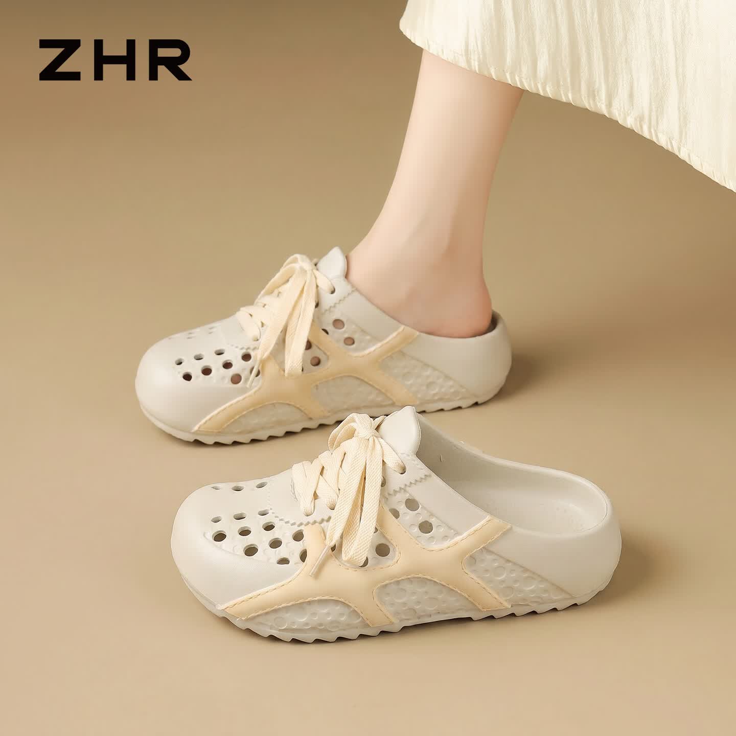 ZHR则则洞洞鞋女夏季新款软底女鞋包头透气懒人一脚蹬沙滩鞋 EN36杏色