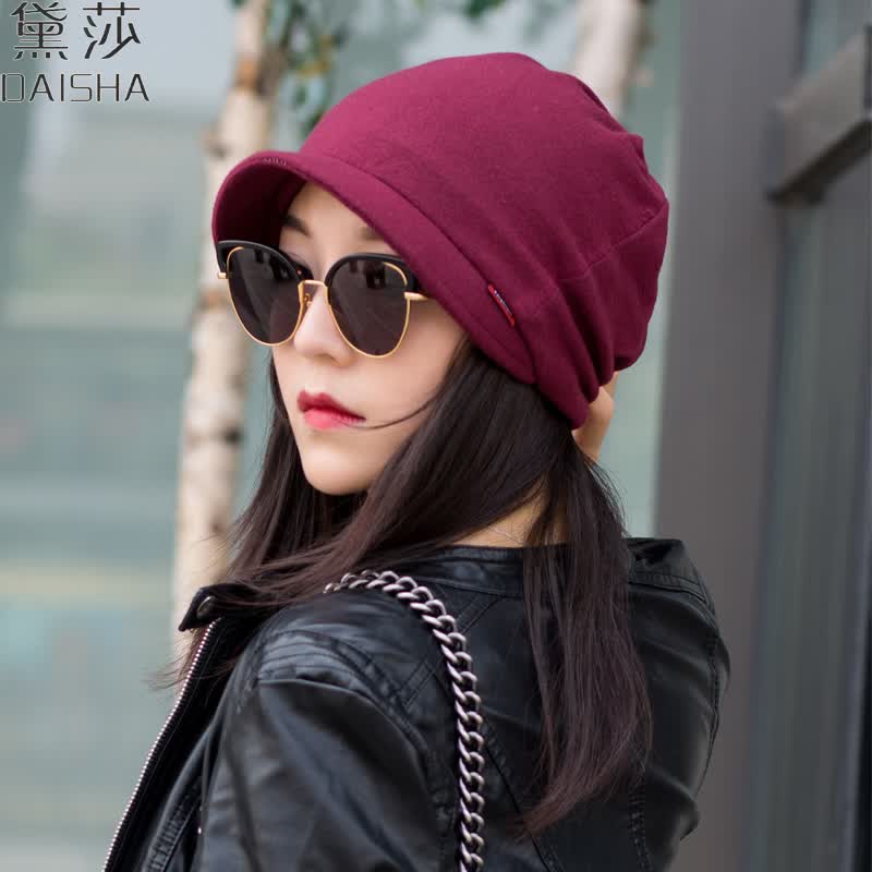 新品秋冬帽子女韩版包头帽睡帽保暖护耳休闲套头帽双层头巾帽 酒红色