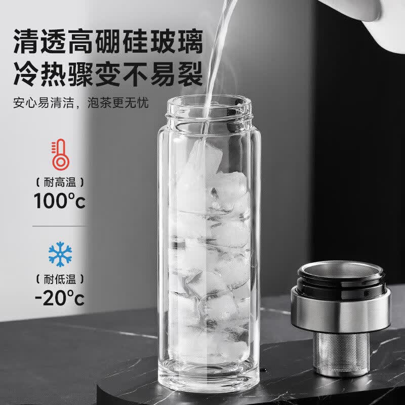 JCZS德国一键开盖钢化双层玻璃杯男士防摔高硼硅车载茶水杯 钢本灰300ml【提绳款+升级加厚】 +杯刷杯套
