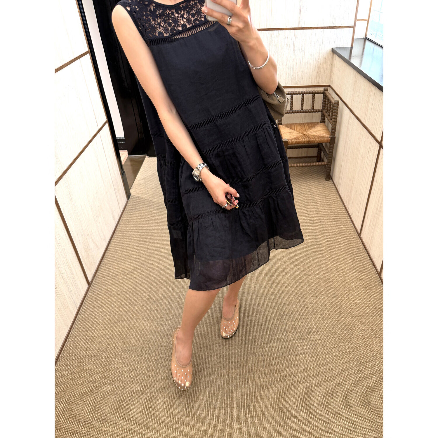 LE ALFASHIONLINE【断码清仓】慵懒韩系苎麻钩花连衣裙镂空蕾丝气质显瘦宽松无袖裙 藏青 现货 M