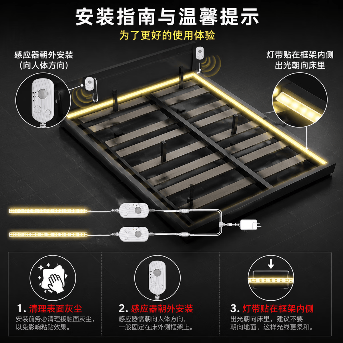 幽麦 LED人体感应灯带床头氛围灯带套装橱柜鞋柜衣柜起床灯手办柜灯条 插电款-5.8米