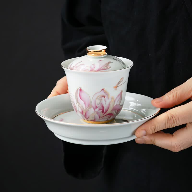京峰阁 茶具套装 景德镇陶瓷盖碗茶壶茶杯整套高档轻奢家用礼物商务礼品 情投意荷粉盖碗茶壶套装(粉) 7人饮 11件