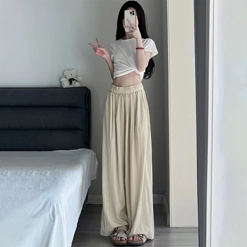 燠阳冰丝皱山本裤女夏季薄款高腰显瘦垂感阔腿裤宽松直筒慵懒风休闲裤 灰色(无口袋) 均码 【80-140斤】