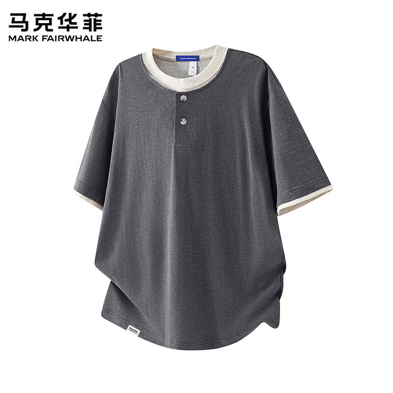 马克华菲（MARK FAIRWHALE）天丝百搭时尚凉感假两件t恤男2026夏季轻薄透气花纱短袖上衣服装 军绿色 【天丝】 薄款 M 【建议90-125斤】