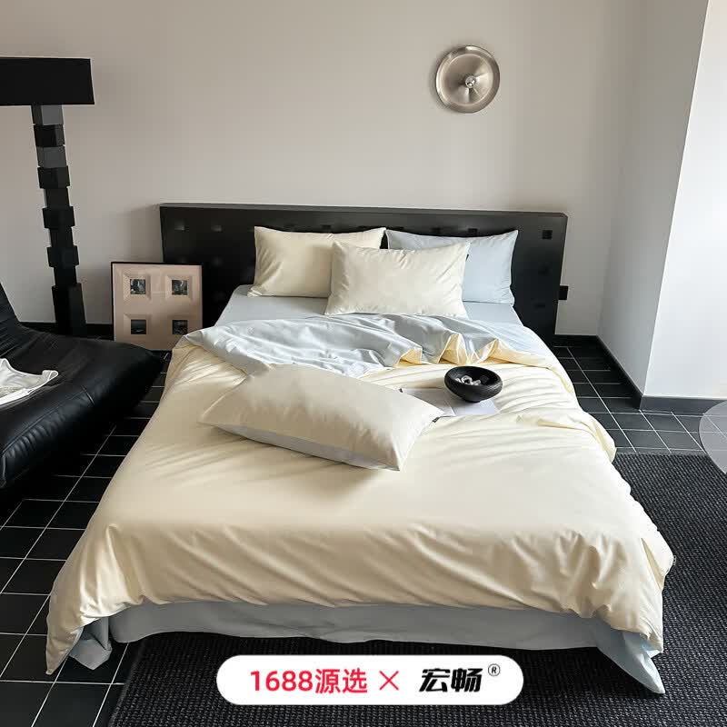宏畅全棉100支新疆长绒棉纯色双拼四件套床单床笠款纯棉贡缎四件套 栀子蓝灰 床单款 1.2m床-三件套适用150*20