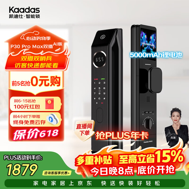 凯迪仕（KAADAS）智能门锁 双摄人脸识别可视猫眼大屏指纹锁 P30 Pro Max双摄AI版