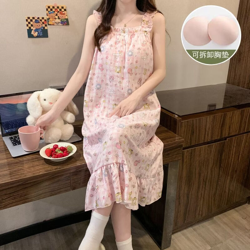 有只绵带胸垫可拆卸睡衣女夏季新款云朵棉吊带裙韩版宽松甜美居家服 FM2666#竖条 M 160 适合体重 70-90斤