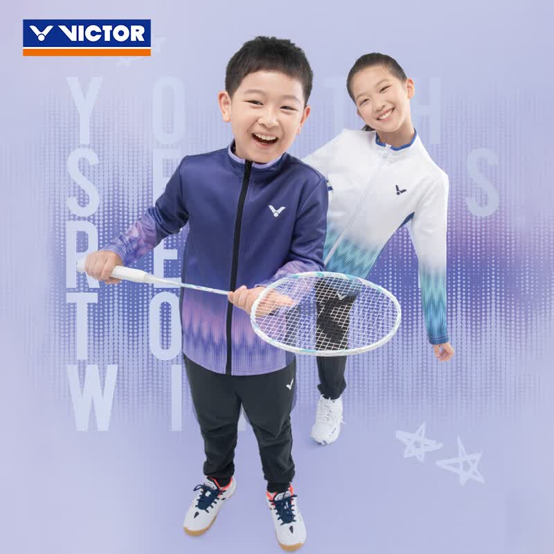 威克多（VICTOR）官方旗舰店羽毛球服透气保暖儿童青少年针织运动长袖卫衣外套长裤 J-57603/J深紫 3XS (145cm)