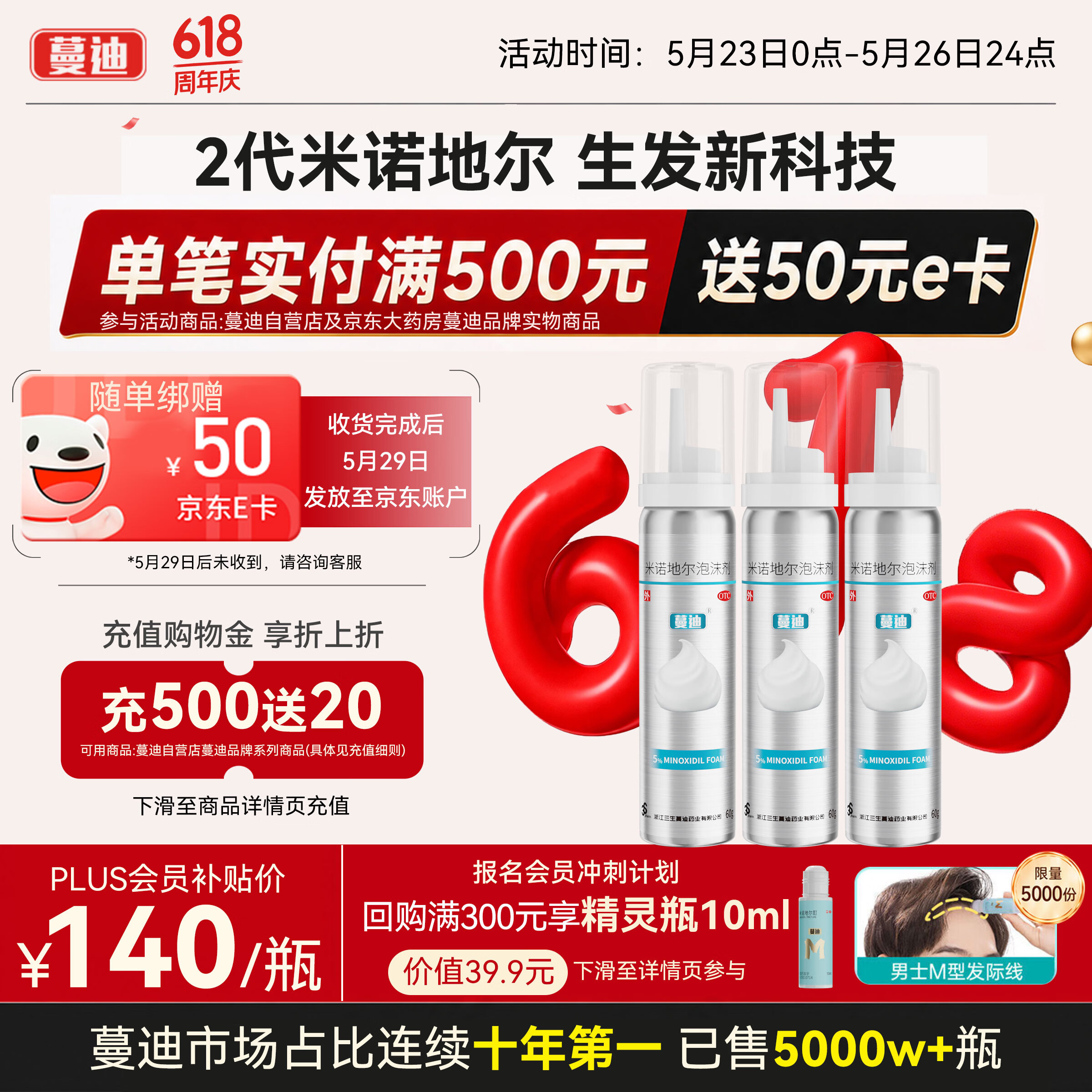 蔓迪【第二代米诺地尔】蔓迪5%生发泡沫剂60g*3（倍速生发 温和低敏）男女专用治脱发防脱育发米洛酊搽剂