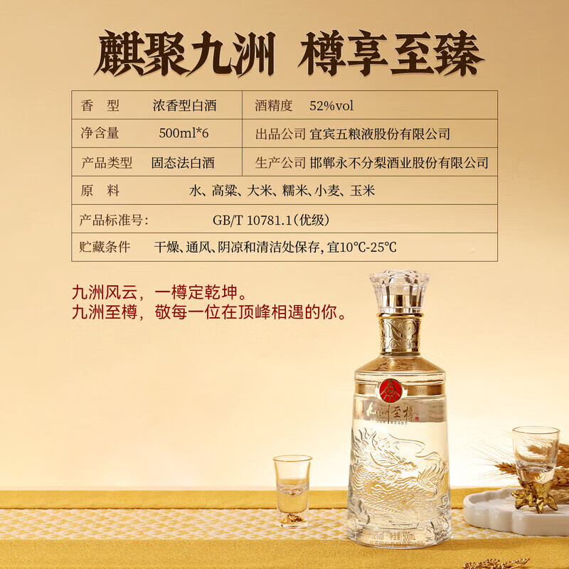 五粮浓香五粮液股份 浓香型白酒 粮食酒 喜酒宴请 口粮酒 送礼 礼盒 聚会 52度 500mL 6瓶 九洲至樽麒麟 整箱