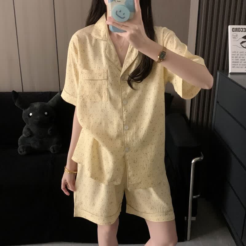 有只绵韩系波点夏季新款睡衣短袖家居服套装短裤可外穿宽松翻领女装 K1001 M 适合70-85斤